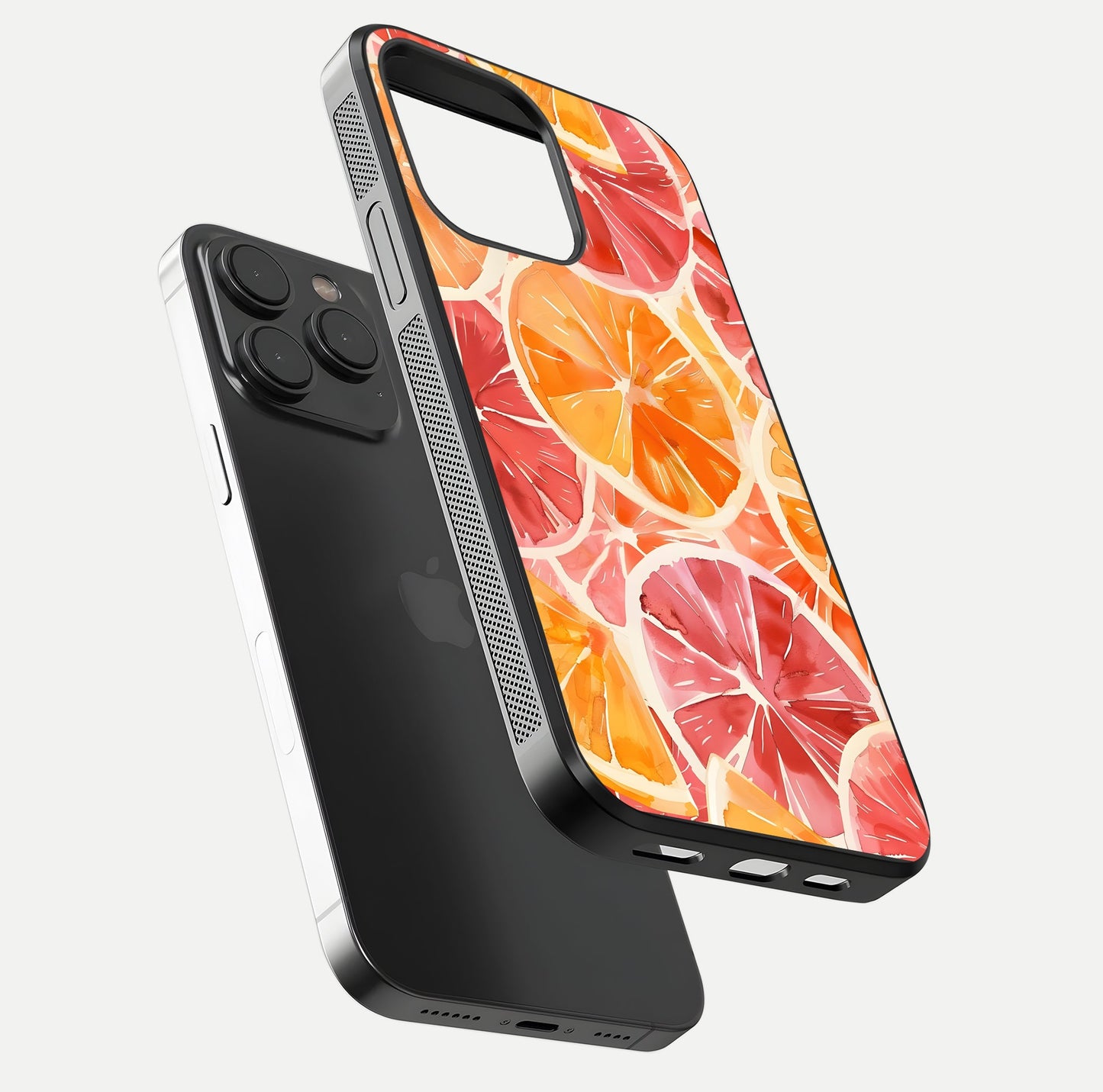 Orange Fruits Pattern Glass Case for iPhone 15 Pro floating dual-view mockup showing gloss reflection and HD tone
