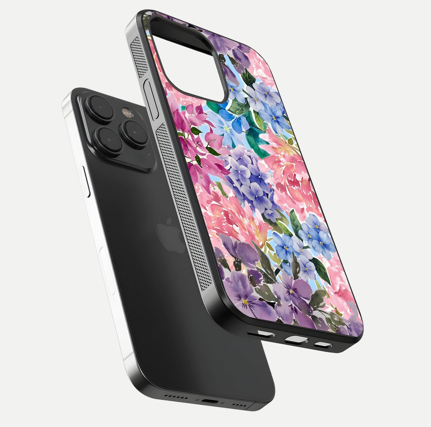 Pastel Floral Mix Glass Case for iPhone 15 Pro floating dual-view mockup showing HD gloss and floral texture