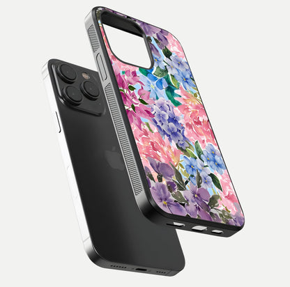 Pastel Floral Mix Glass Case for iPhone 15 Pro floating dual-view mockup showing HD gloss and floral texture