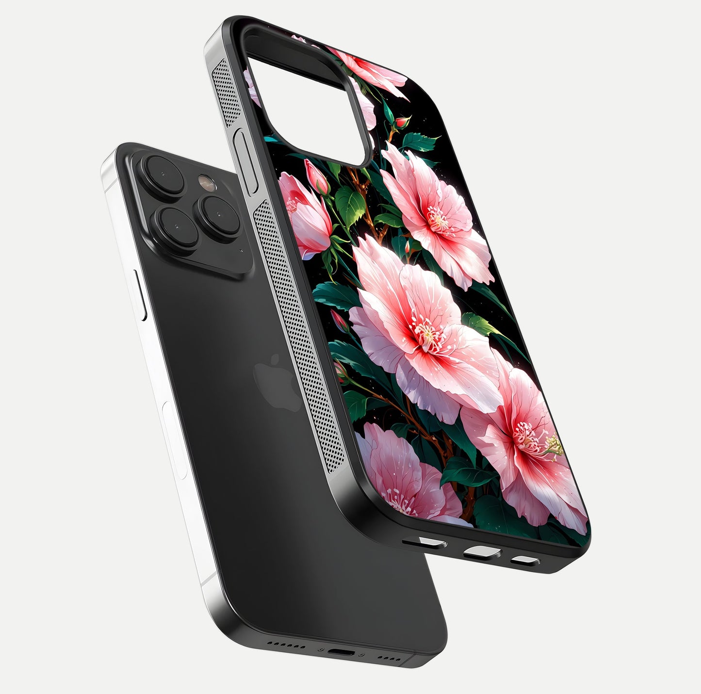 Peach Flower Glass Case for iPhone 15 Pro floating dual-view mockup displaying shine and delicate flower art