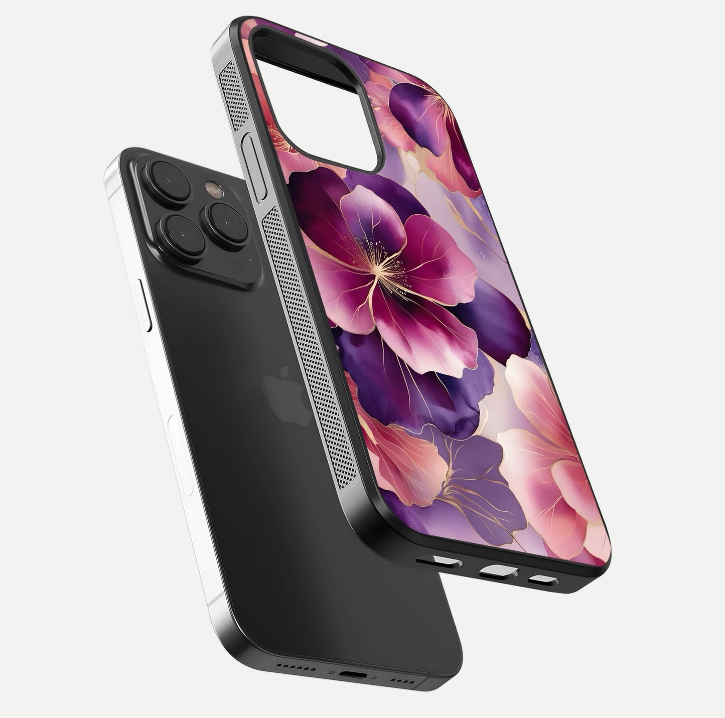 Pink Bouquet Florals Glass Case for iPhone 15 Pro floating dual-view mockup showing gloss surface and color depth