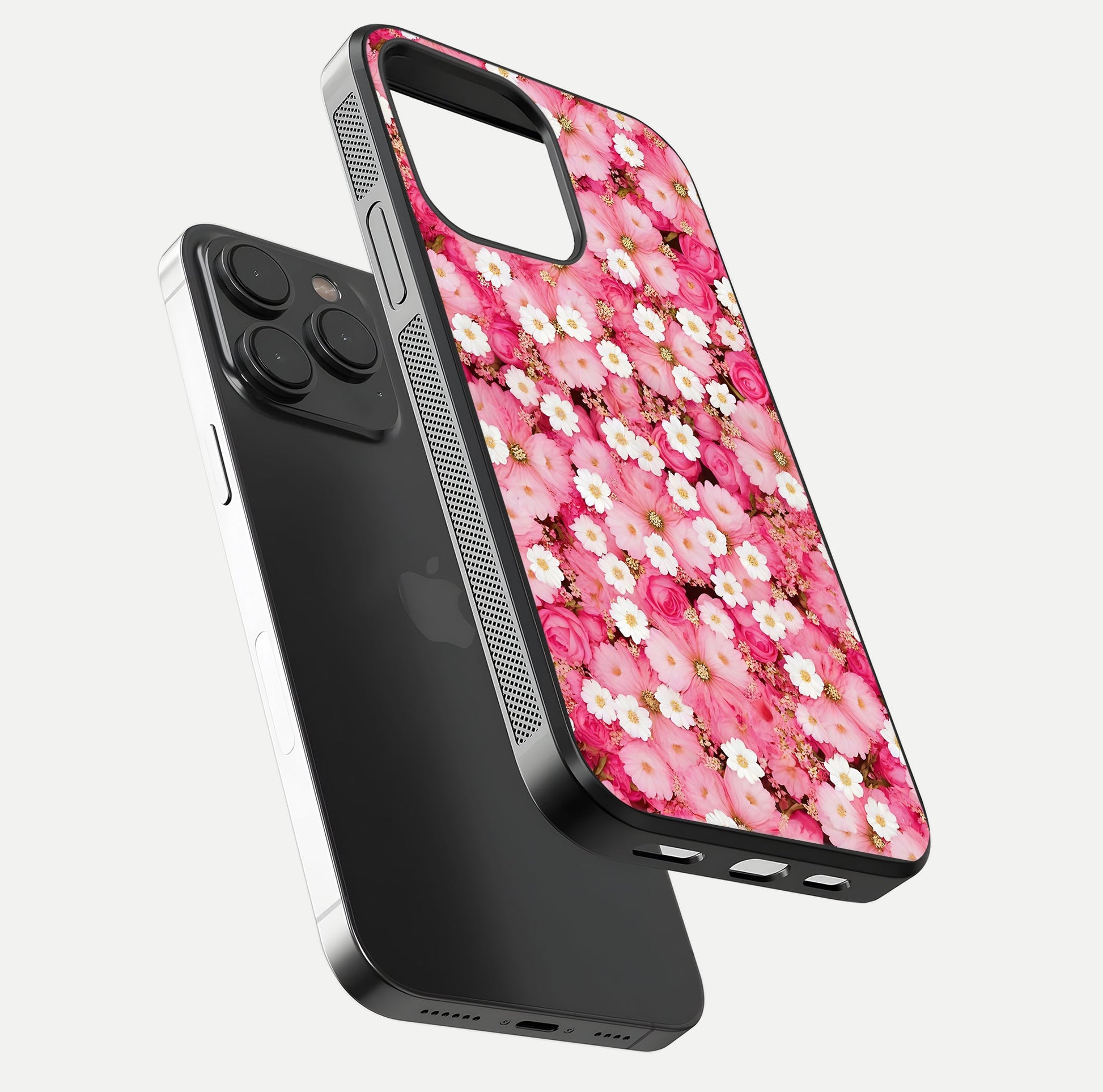 Pink Daisy Bliss Glass Case for iPhone 15 Pro floating dual-view mockup displaying gloss shine and pastel tones