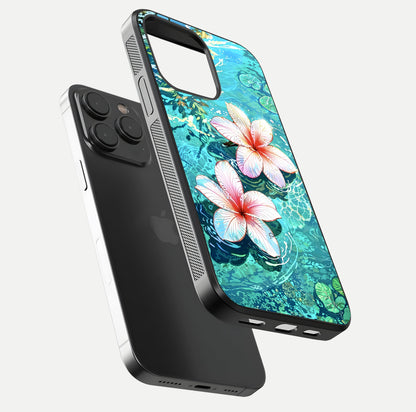 Pink Flowers in Water Glass Case for iPhone 15 Pro floating dual-view mockup showing gloss and floral clarity
