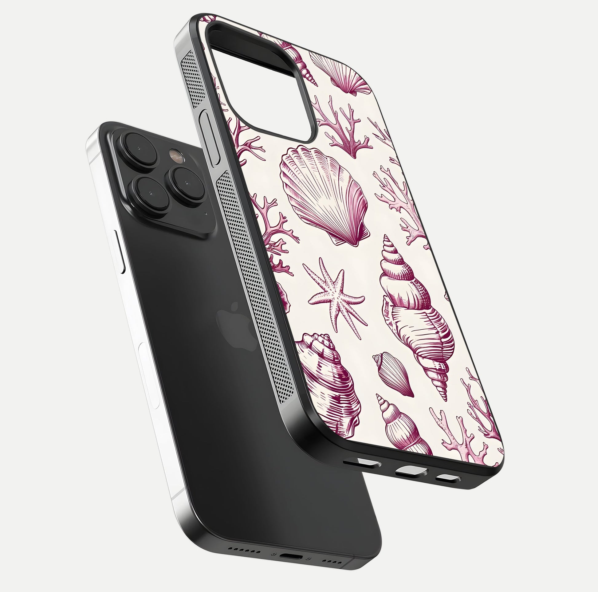 Pink Shells Outline Glass Case for iPhone 15 Pro floating dual-view mockup displaying gloss and ocean vibe