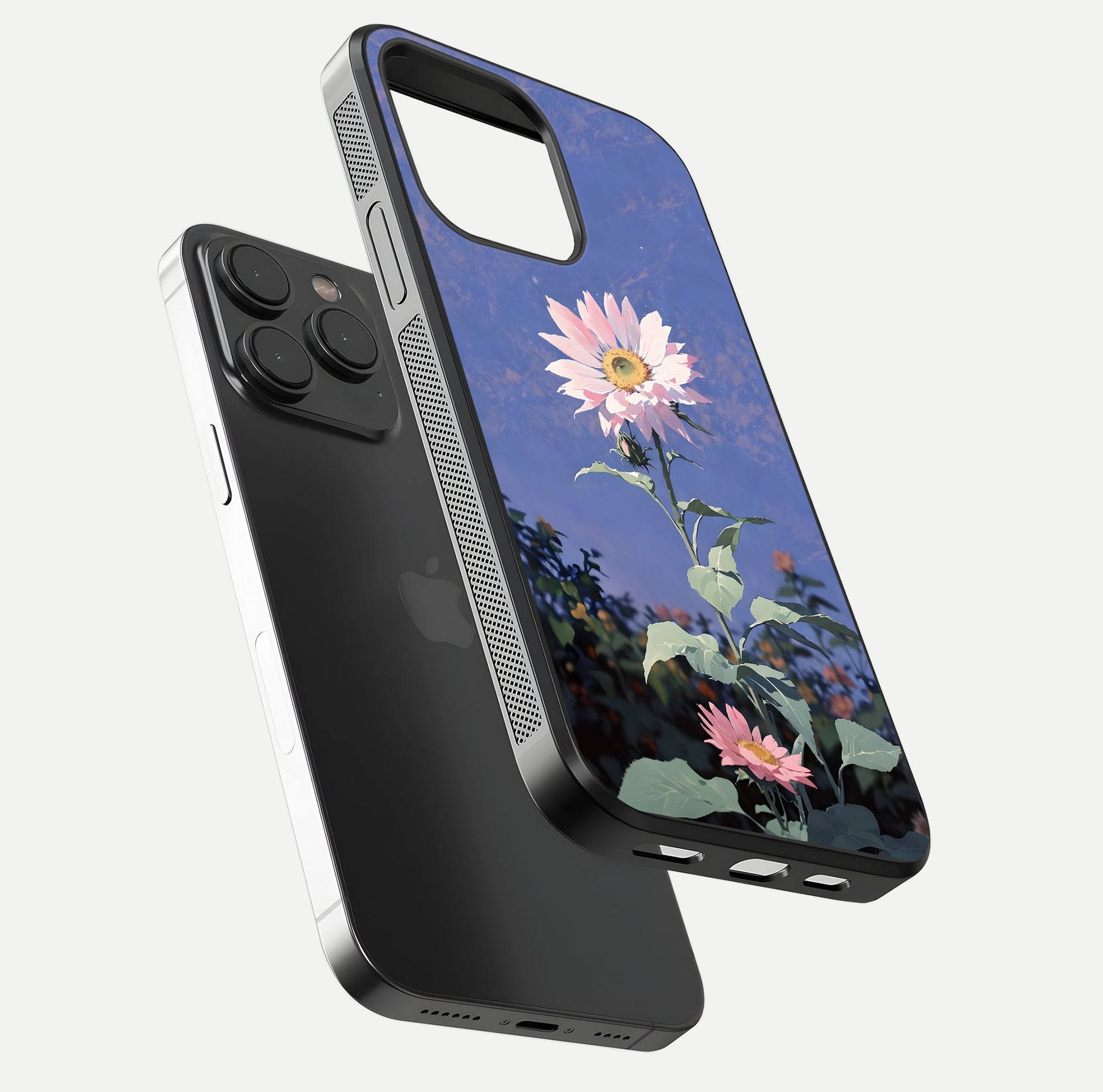 Pink Sunflower Glow Glass Case for iPhone 15 Pro floating dual-view mockup showing gloss reflection and design depth