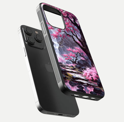 Pinkish Scenery Glass Case for iPhone 15 Pro floating dual-view mockup displaying gloss shine and artistic tone