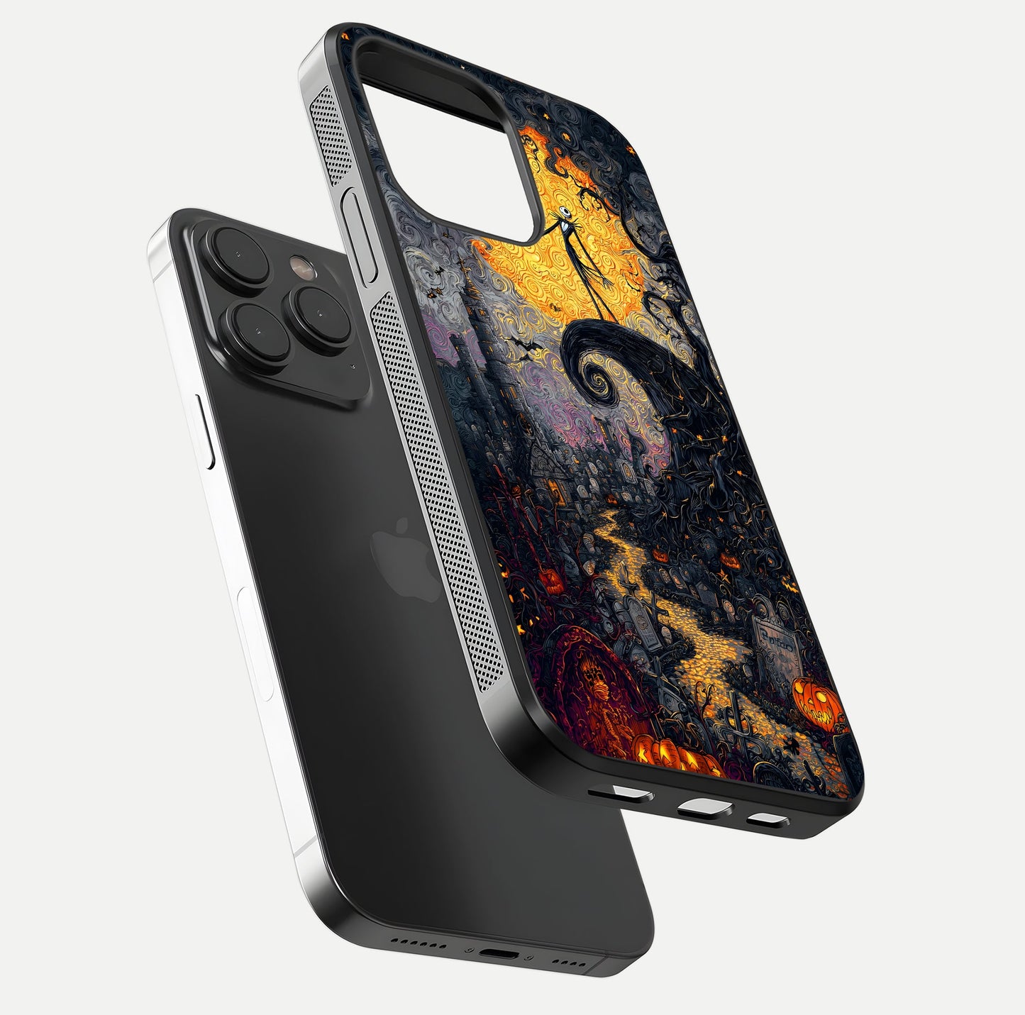 Pumpkin Moon Night Glass Case for iPhone 15 Pro floating dual-view mockup showing HD gloss and spooky detail