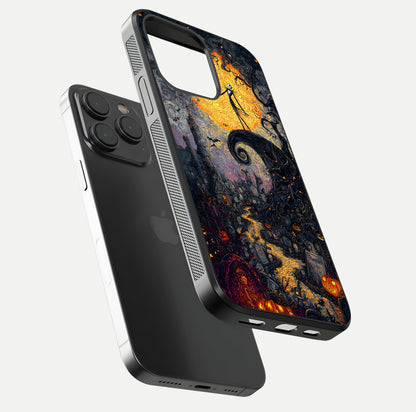 Pumpkin Moon Night Glass Case for iPhone 15 Pro floating dual-view mockup showing HD gloss and spooky detail