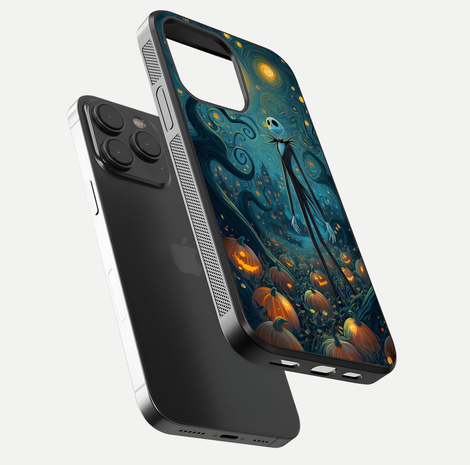 Pumpkin Moonlight Tale Glass Case for iPhone 15 Pro floating dual-view mockup showing HD gloss and eerie design