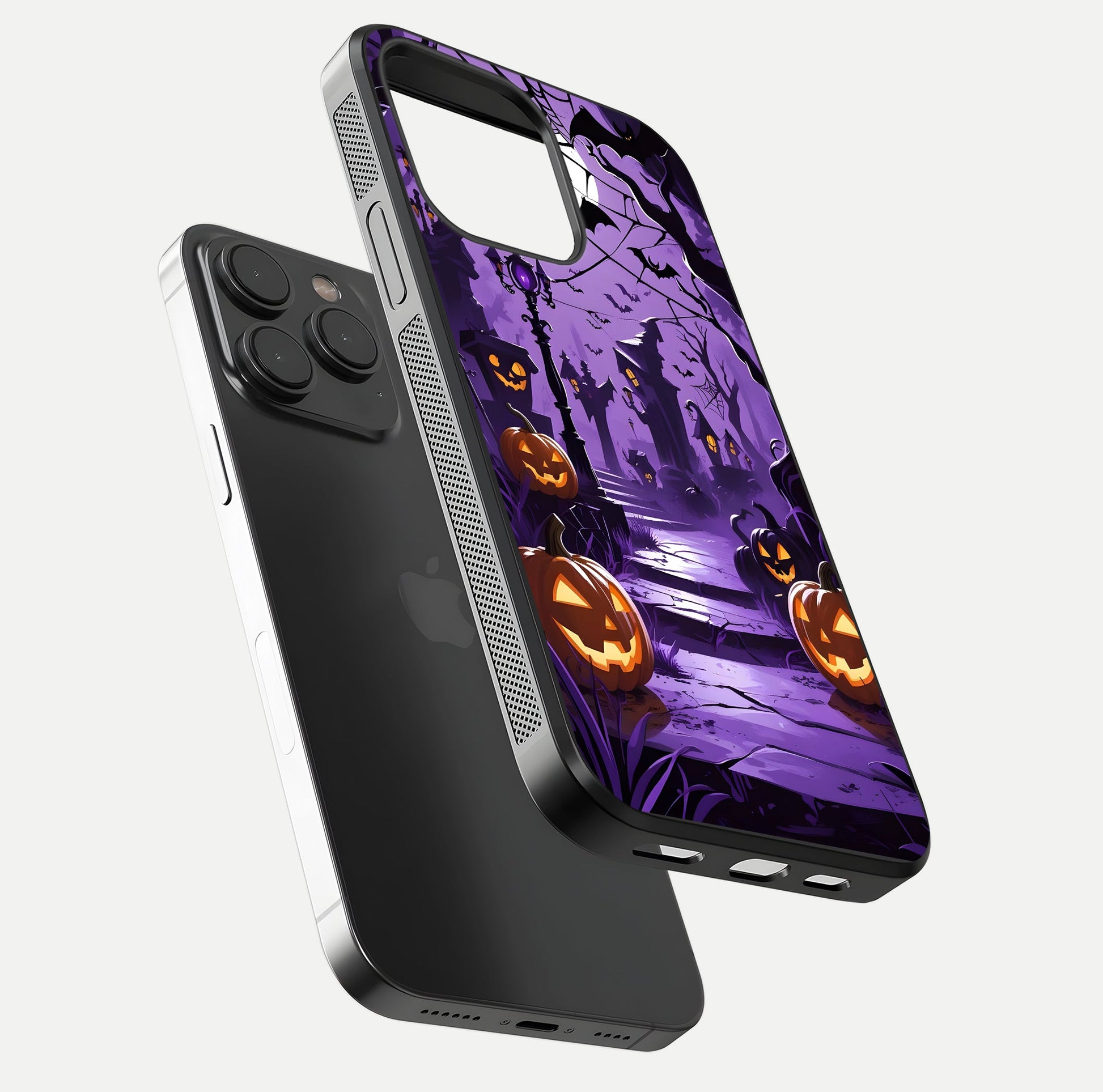 Pumpkin Patch Halloween Glass Case for iPhone 15 Pro floating dual-view mockup displaying gloss and dark tone