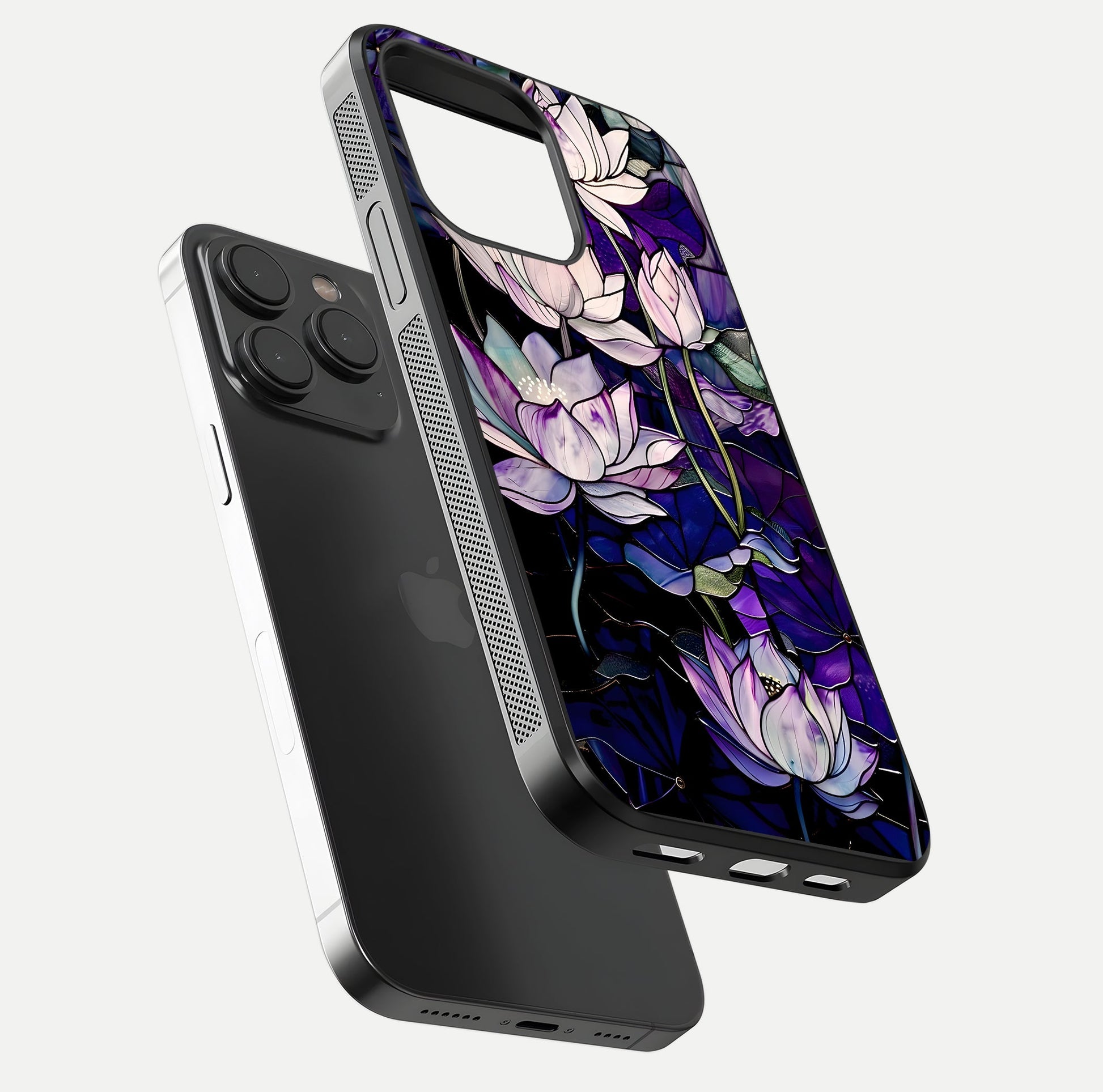 Purple Lotus Pattern Glass Case for iPhone 15 Pro floating dual-view mockup showing glass shine and vivid purple hue