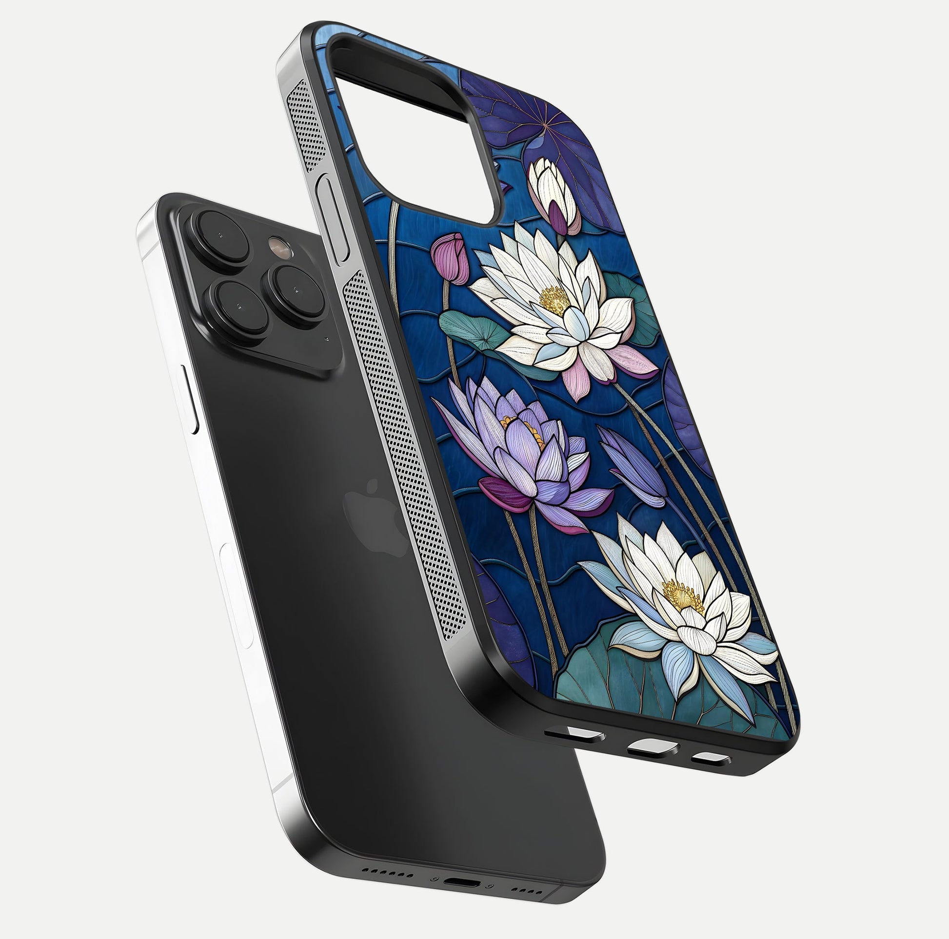 Purple Lotus Stained Glass Case for iPhone 15 Pro floating dual-view mockup displaying color depth and glass clarity