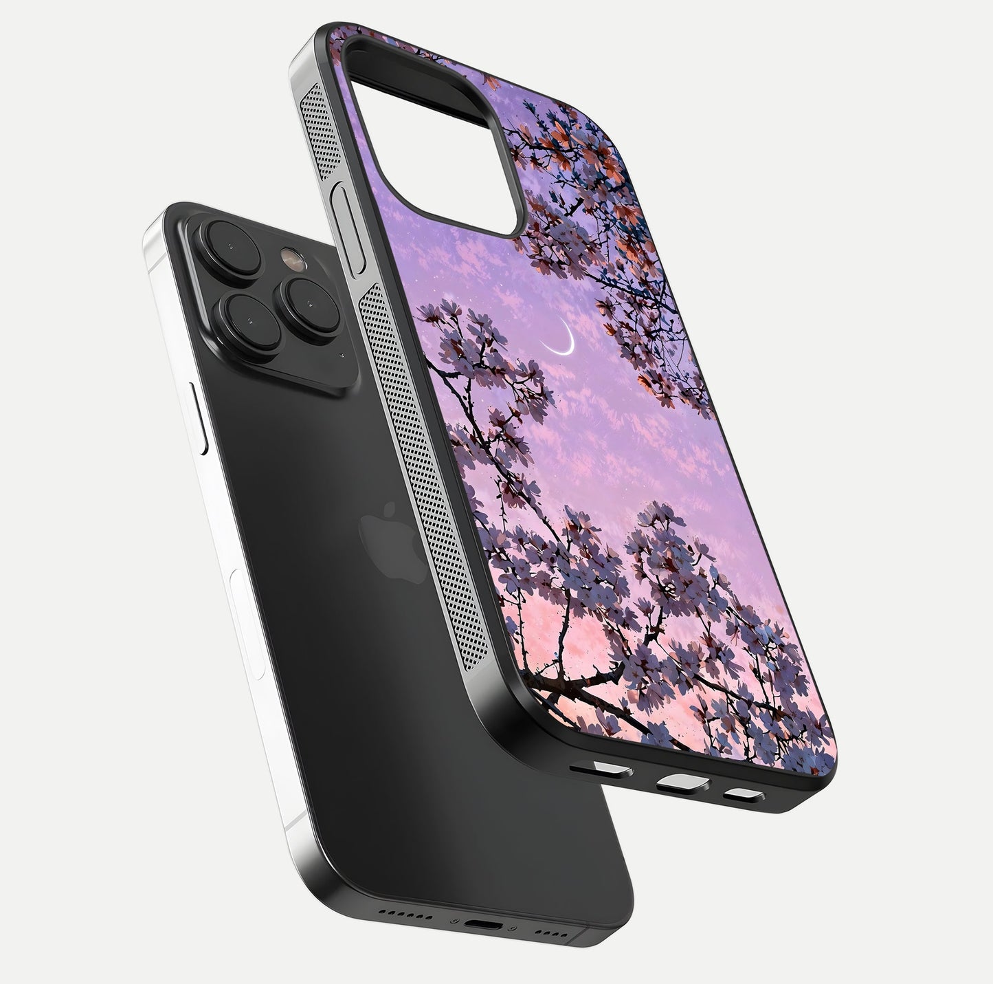 Purple Serenity Moon Glass Case for iPhone 15 Pro floating dual-view mockup showing gloss and cosmic detail