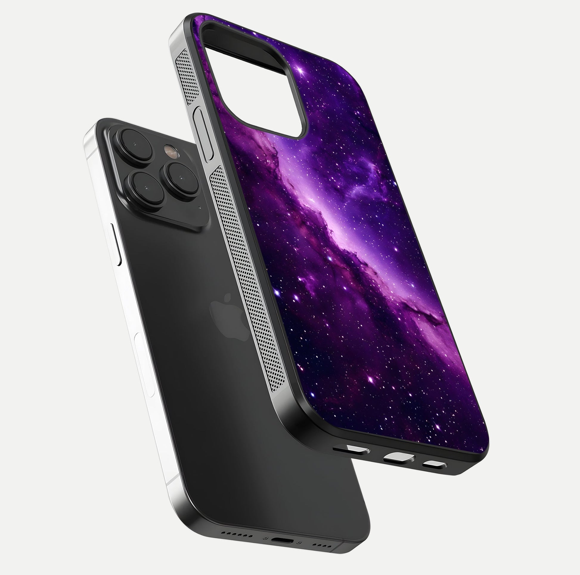 Purple Shade Sky Glass Case for iPhone 15 Pro floating dual-view mockup displaying gloss and sky theme
