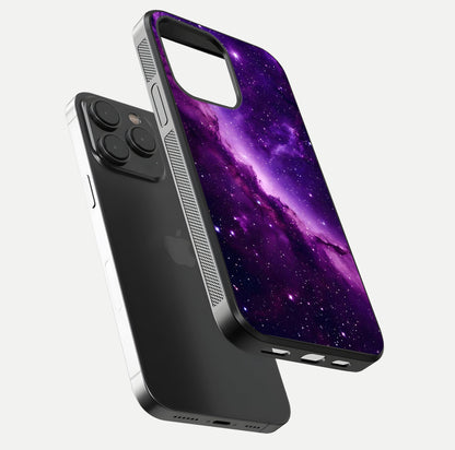 Purple Shade Sky Glass Case for iPhone 15 Pro floating dual-view mockup displaying gloss and sky theme