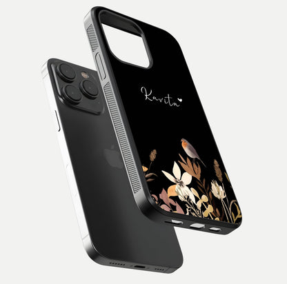 Quiet Garden Tune Custom Name Glass Case for iPhone 15 Pro floating dual-view mockup showing gloss and elegant detail