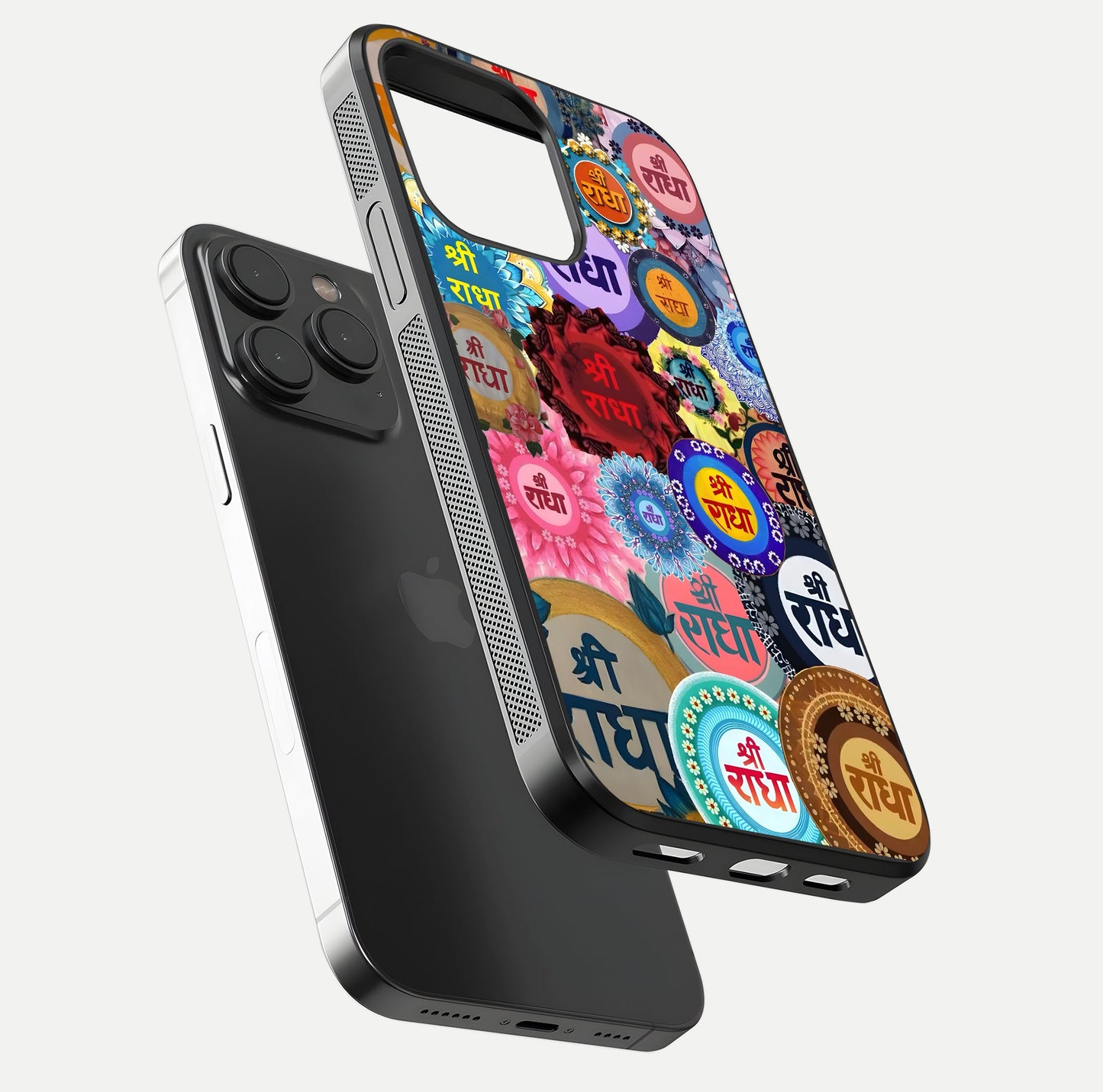 Radha Divine Bloom Glass Case for iPhone 15 Pro floating dual-view mockup showing gloss depth and HD art