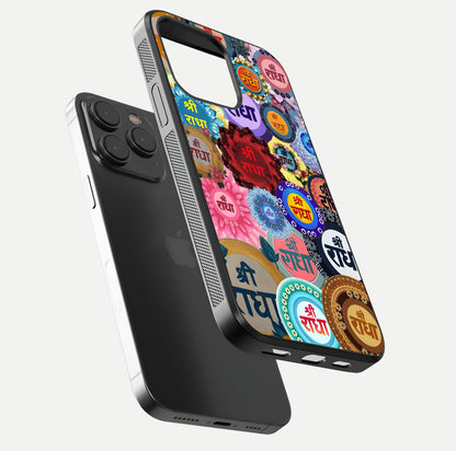 Radha Divine Bloom Glass Case for iPhone 15 Pro floating dual-view mockup showing gloss depth and HD art
