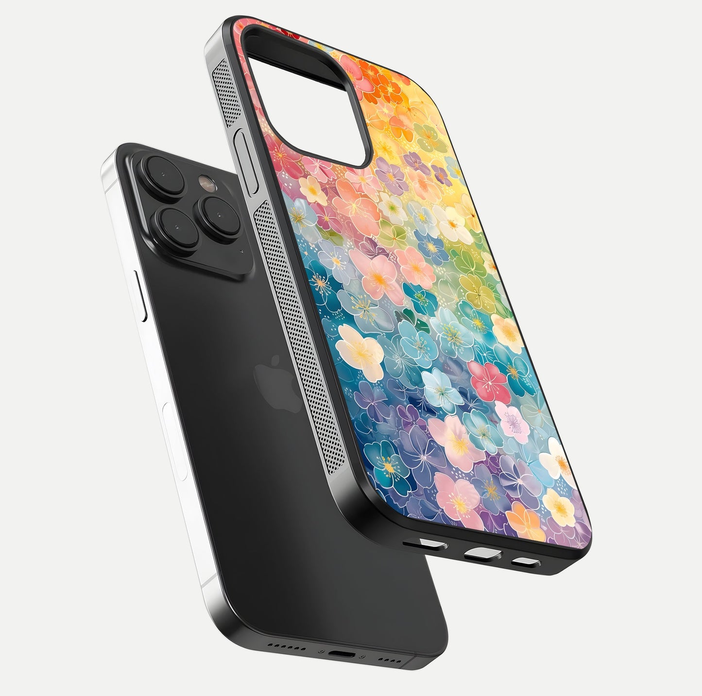 Rainbow Blossom Burst Glass Case for iPhone 15 Pro floating dual-view mockup displaying gloss and gradient pattern