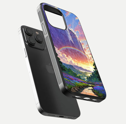 Rainbow Valley Dream Glass Case for iPhone 15 Pro floating dual-view mockup showing gloss texture and dream vibe