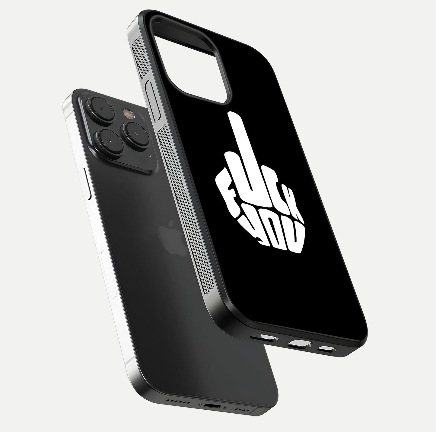 Rebel Mode On Glass Case for iPhone 15 Pro floating dual-view mockup displaying gloss shine and statement art