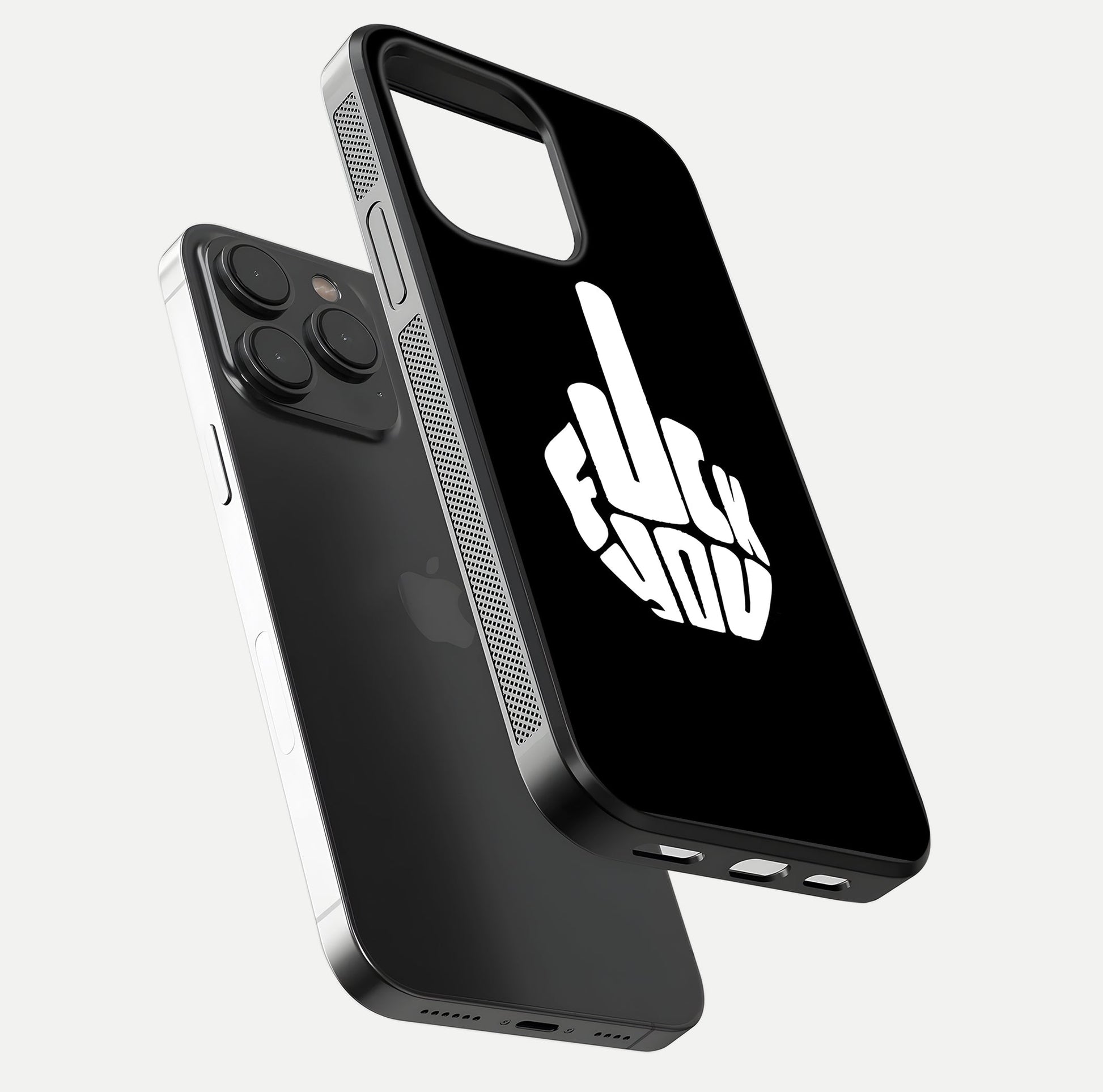 Rebel Mode On Glass Case for iPhone 15 Pro floating dual-view mockup displaying gloss shine and statement art
