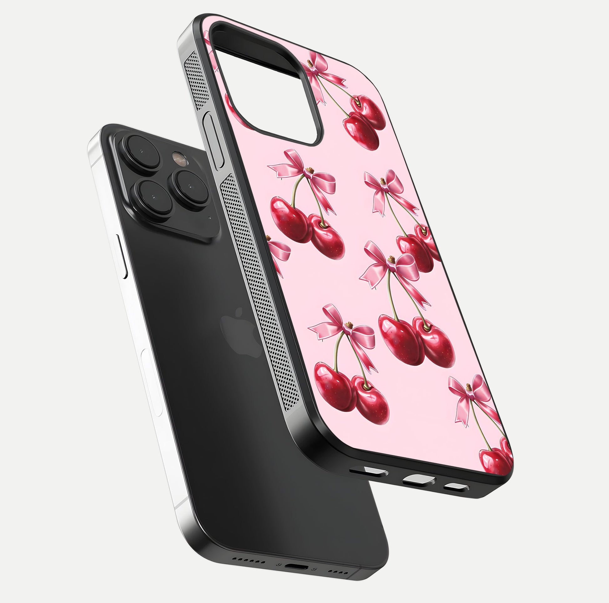 Red Cherries Pattern Glass Case for iPhone 15 Pro floating dual-view mockup showing gloss and color contrast