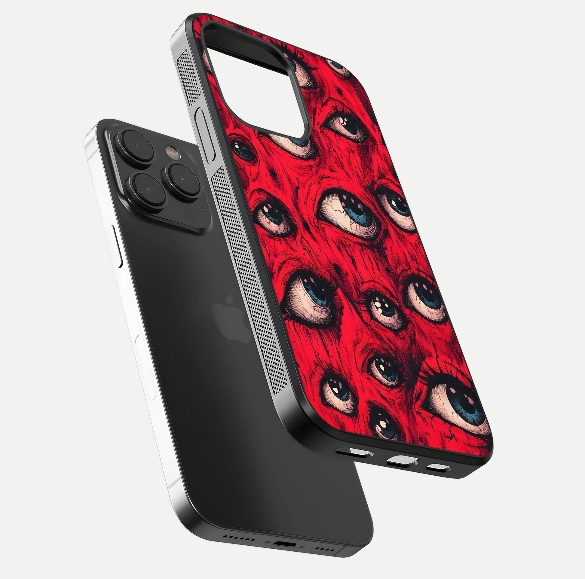 Red Eyes Pattern Glass Case for iPhone 15 Pro floating dual-view mockup displaying reflection and gloss texture