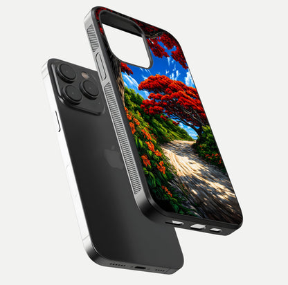 Red Trees Pathway Glass Case for iPhone 15 Pro floating dual-view mockup displaying gloss texture and print depth