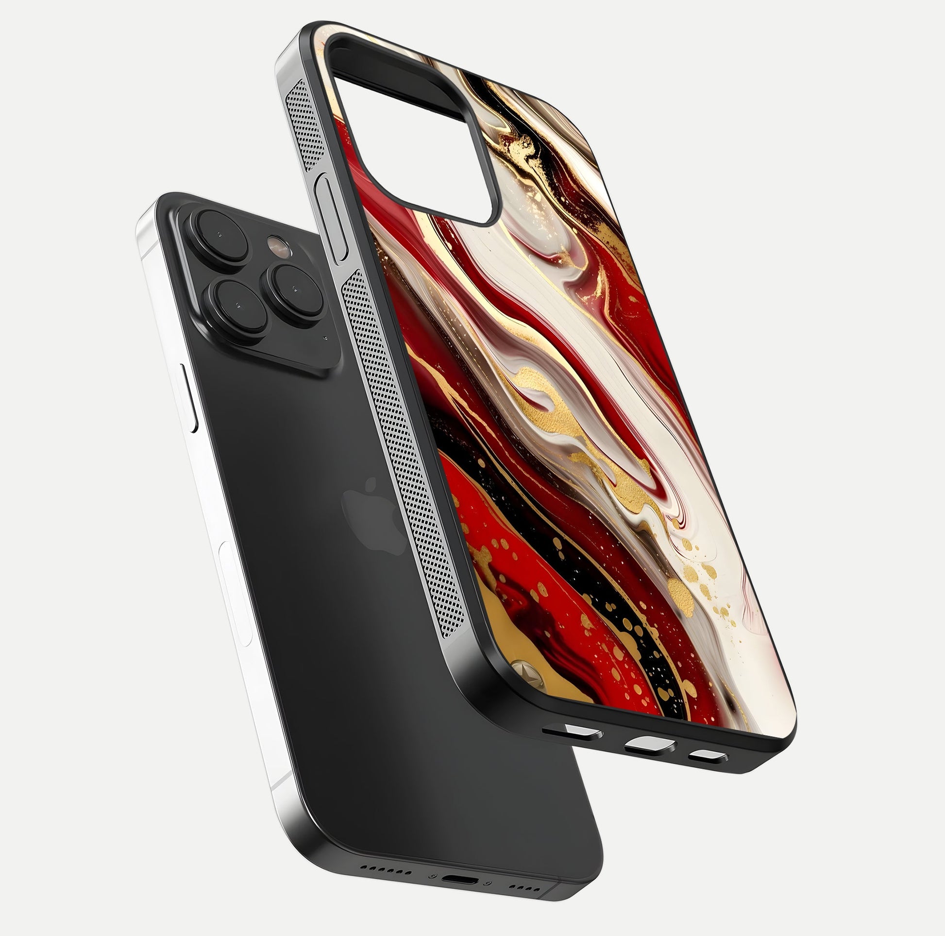 Red & White Marble Glass Case for iPhone 15 Pro floating dual-view mockup displaying glossy texture and pattern depth