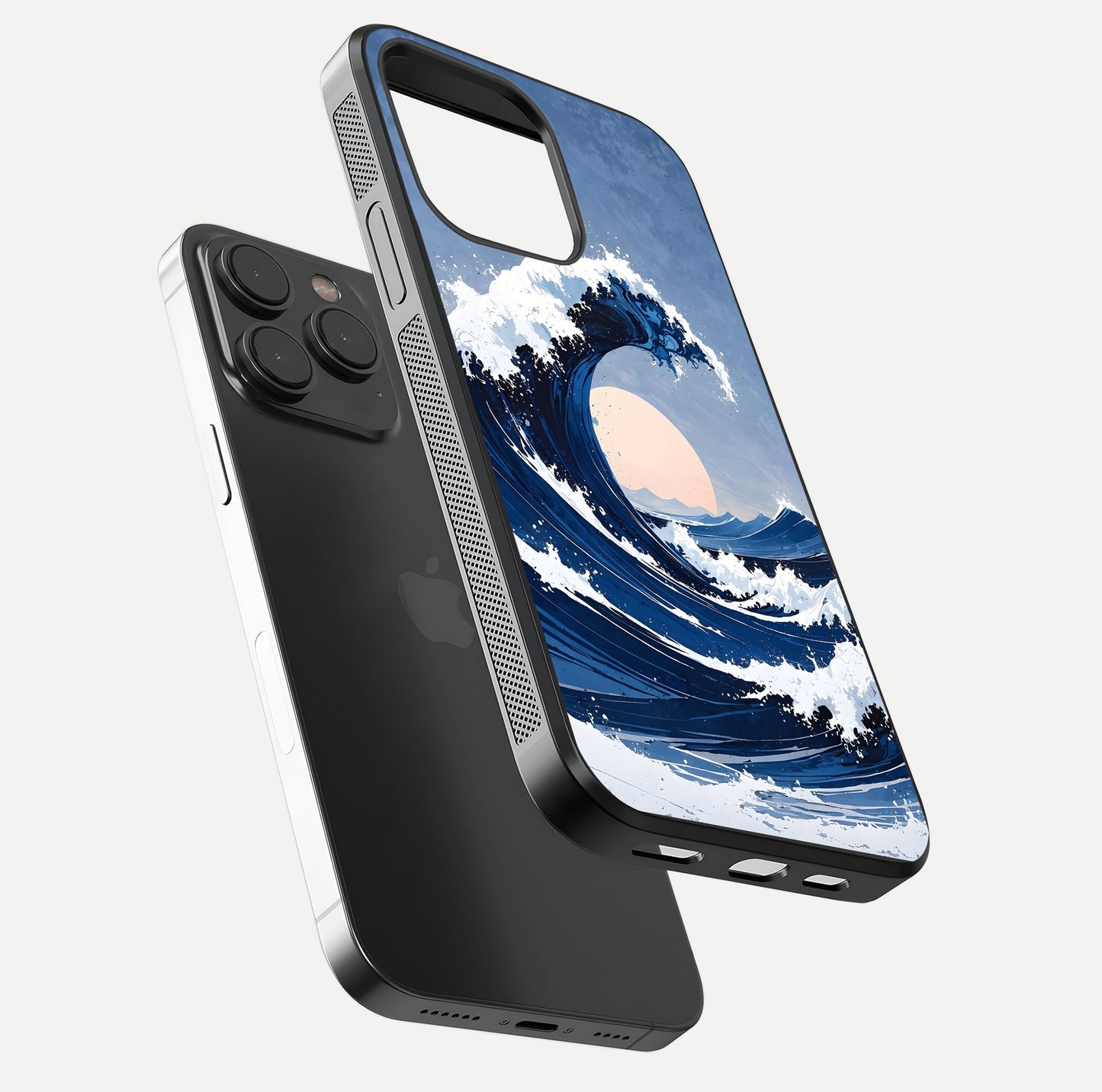 Rising Tide Power Glass Case for iPhone 15 Pro floating dual-view mockup displaying gloss texture and flow pattern