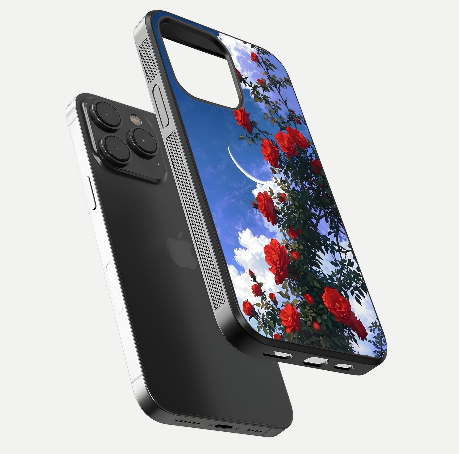 Rose Drift Flowers Glass Case for iPhone 15 Pro floating dual-view mockup showing gloss shine and floral tone
