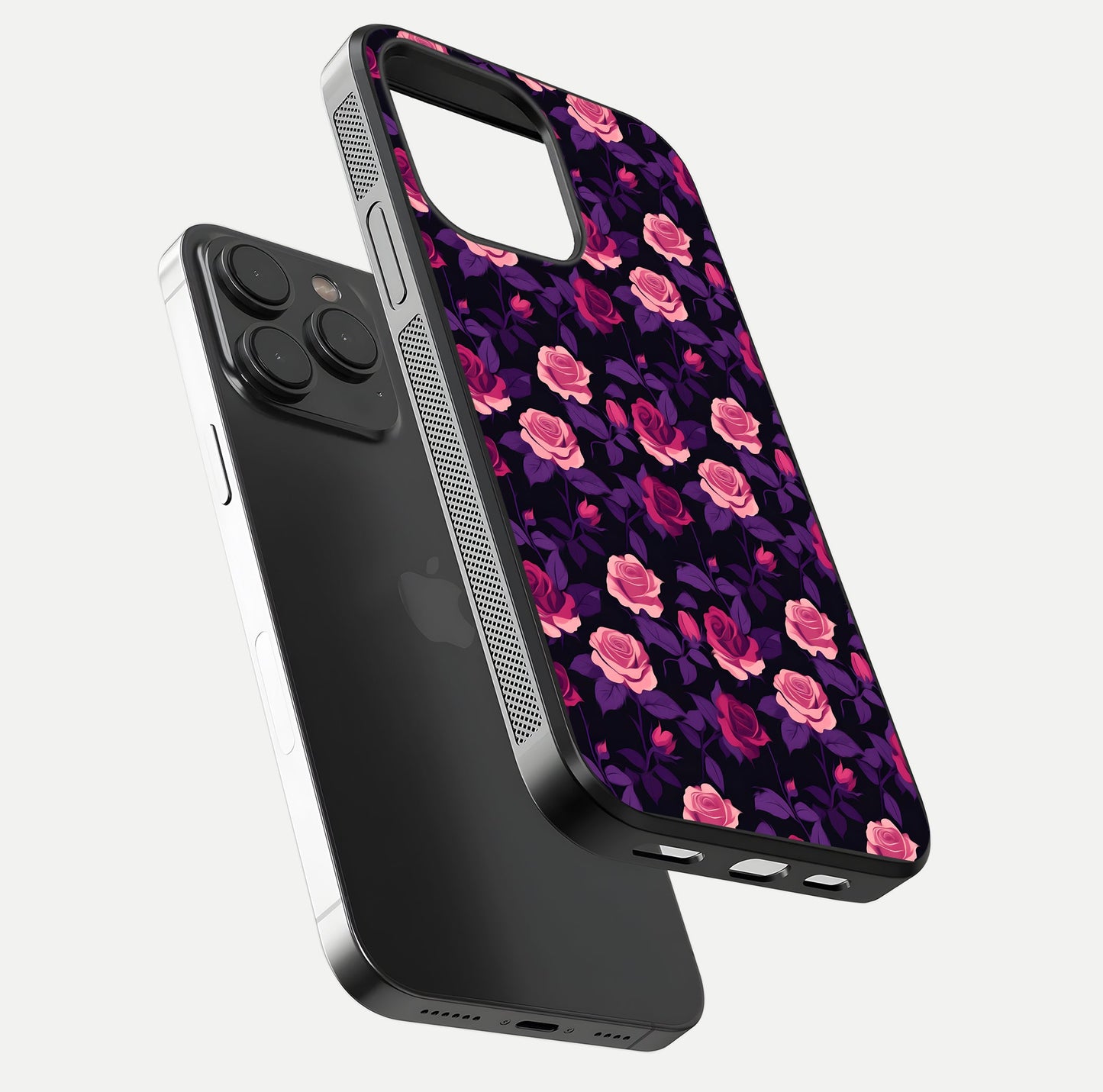 Rose Garden Twilight Glass Case for iPhone 15 Pro floating dual-view mockup displaying gloss surface and depth