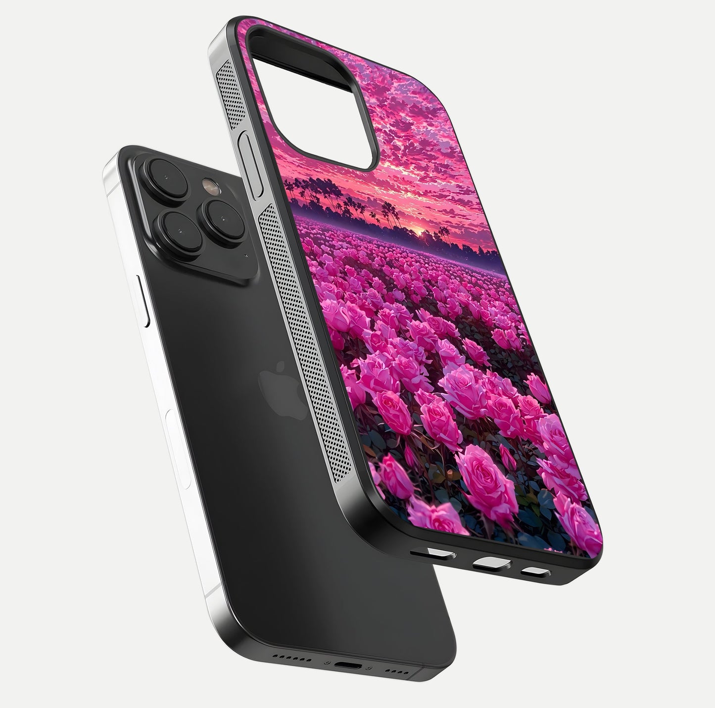 Rose Sunset Valley Glass Case for iPhone 15 Pro floating dual-view mockup showing gloss reflection and art depth