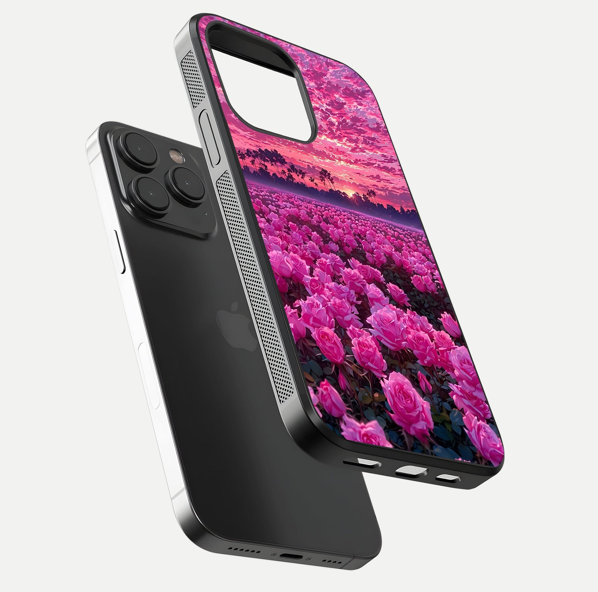Rose Sunset Valley Glass Case for iPhone 15 Pro floating dual-view mockup showing gloss reflection and art depth