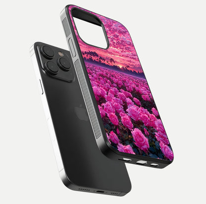 Rose Sunset Valley Glass Case for iPhone 15 Pro floating dual-view mockup showing gloss reflection and art depth