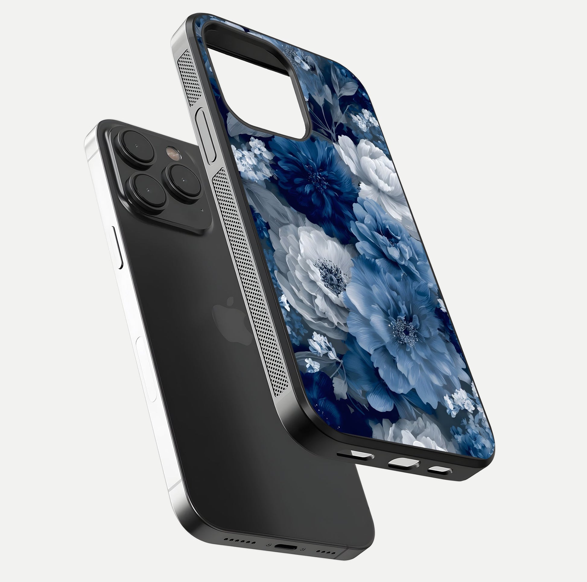 Royal Bloom Garden Glass Case for iPhone 15 Pro floating dual-view mockup displaying gloss and print clarity