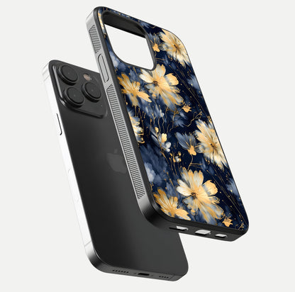 Royal Petal Dream Glass Case for iPhone 15 Pro floating dual-view mockup displaying gloss reflection and tone contrast