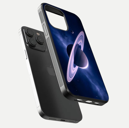 Saturn Ring Mystique Glass Case for iPhone 15 Pro floating dual-view mockup showing gloss finish and star detail