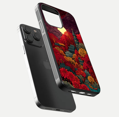 Scarlet Autumn Temple Glass Case for iPhone 15 Pro floating dual-view mockup displaying gloss shine and autumn tones