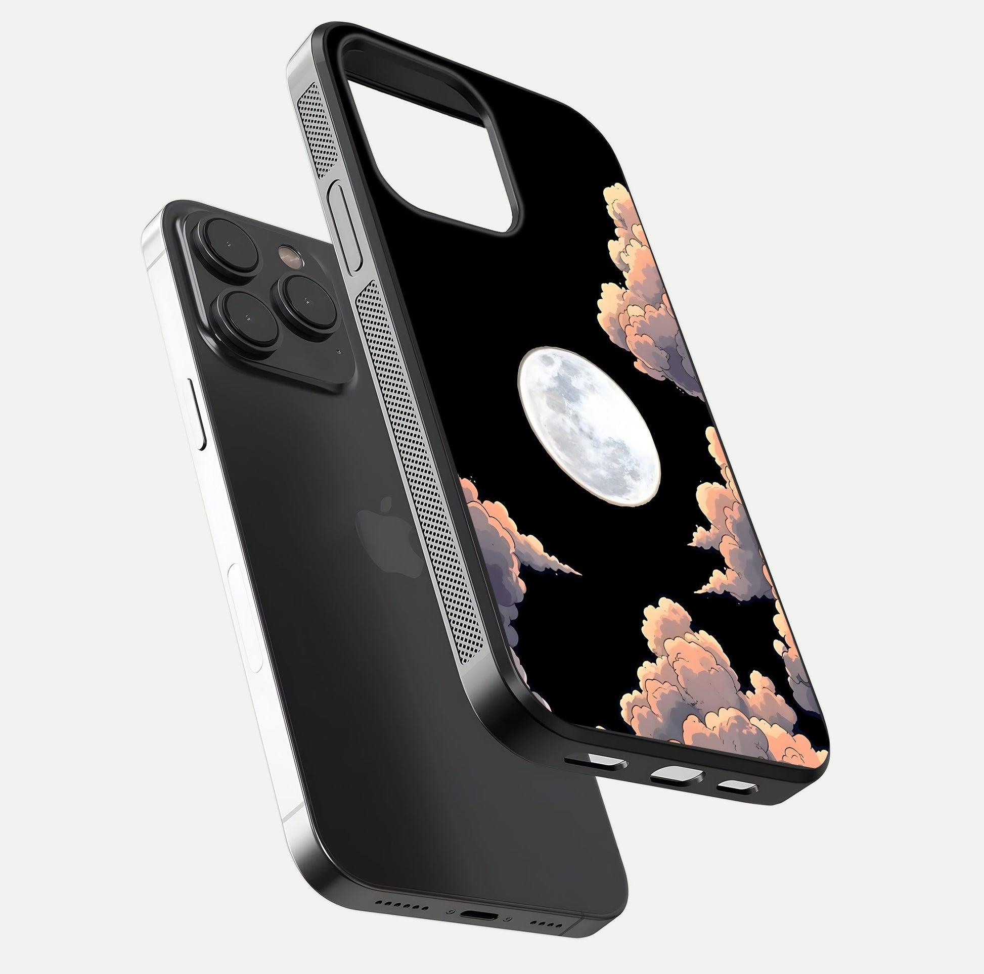 Shade Cloud Moon Glass Case for iPhone 15 Pro floating dual-view mockup showing gloss and celestial texture