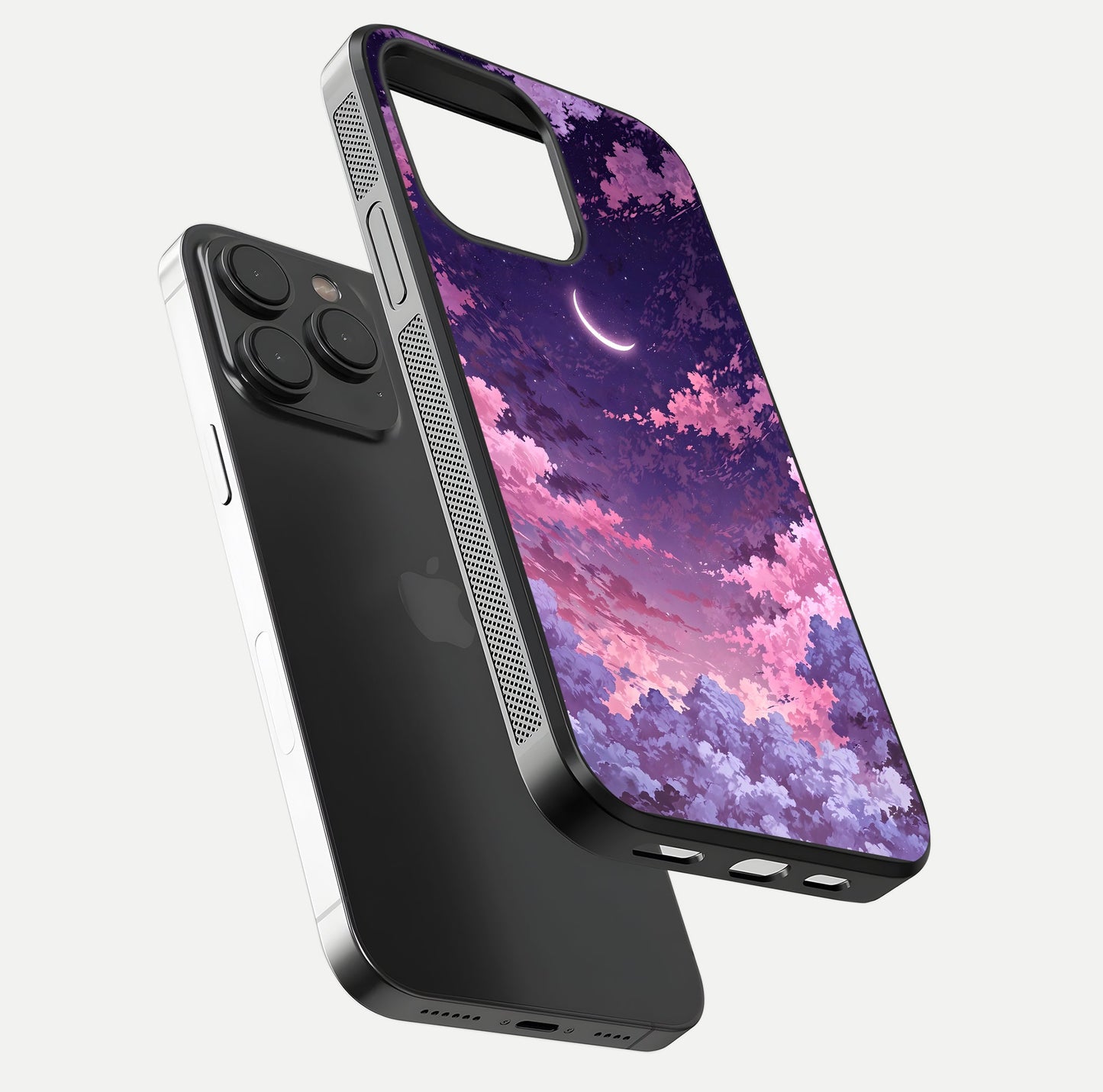 Sky Drift Clouds Glass Case for iPhone 15 Pro floating dual-view mockup displaying gloss shine and depth