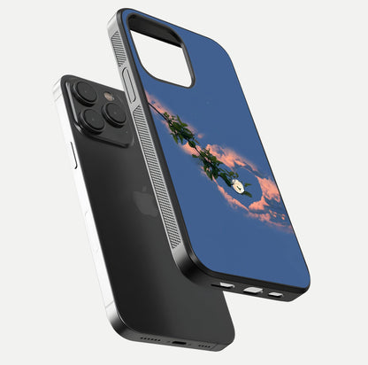 Sky Under Tree Glass Case for iPhone 15 Pro floating dual-view mockup displaying gloss reflection and landscape tone