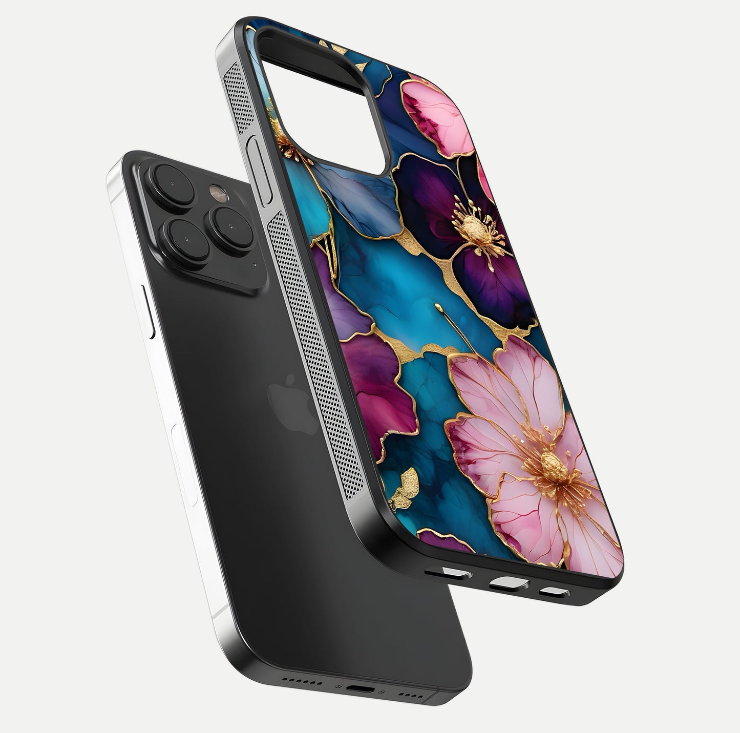 Sparkle Floral Glass Case for iPhone 15 Pro floating dual-view mockup displaying gloss surface and sparkle effect