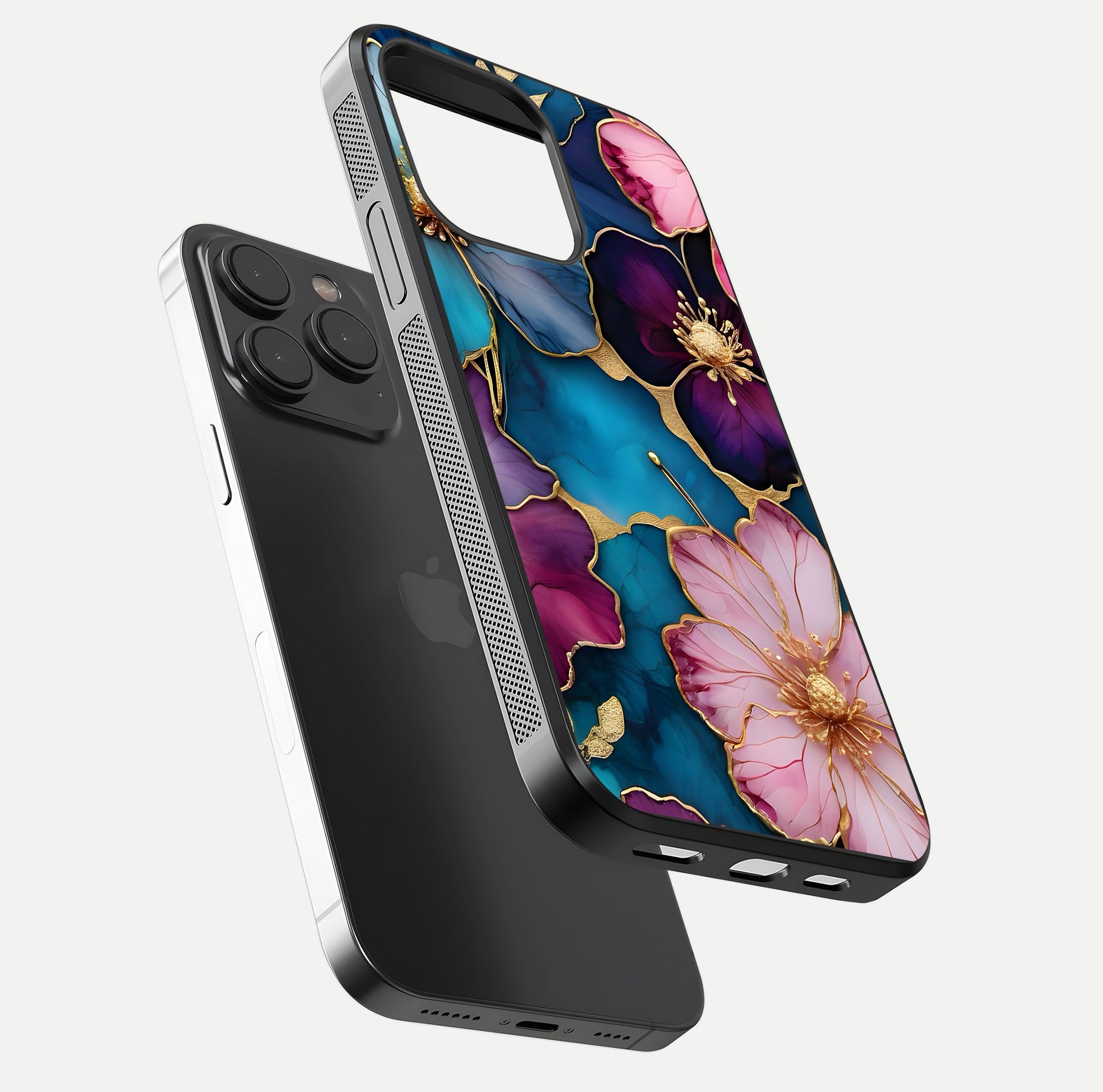 Sparkle Floral Glass Case for iPhone 15 Pro floating dual-view mockup displaying gloss surface and sparkle effect