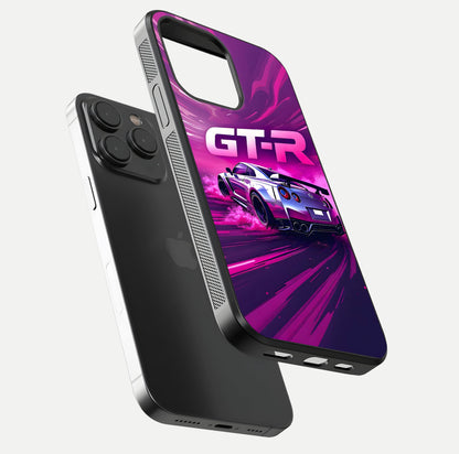 Speed Drift Legend Glass Case for iPhone 15 Pro floating dual-view mockup displaying gloss shine and motion effect