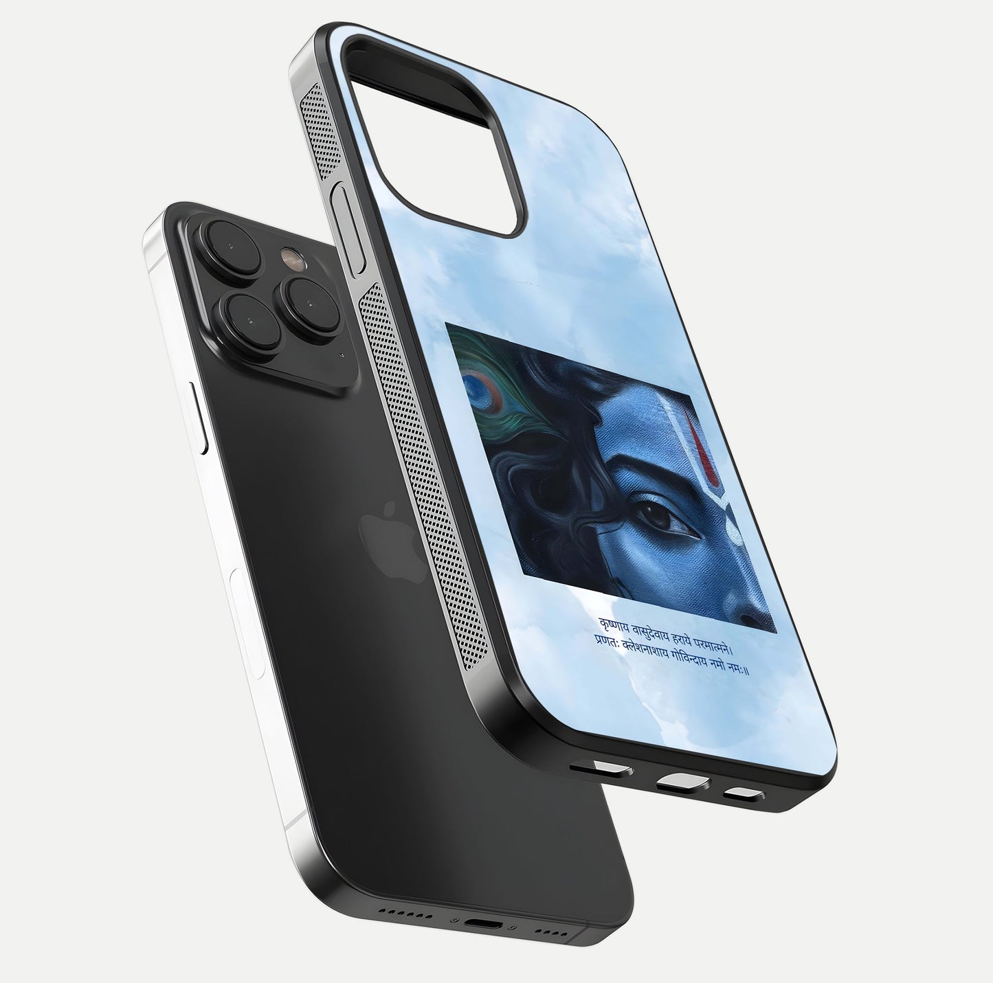 Spiritual Krishna Glass Case for iPhone 15 Pro floating dual-view mockup displaying gloss shine and divine detail