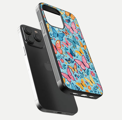 Spring Wing Garden Glass Case for iPhone 15 Pro floating dual-view mockup showing gloss texture and vivid print