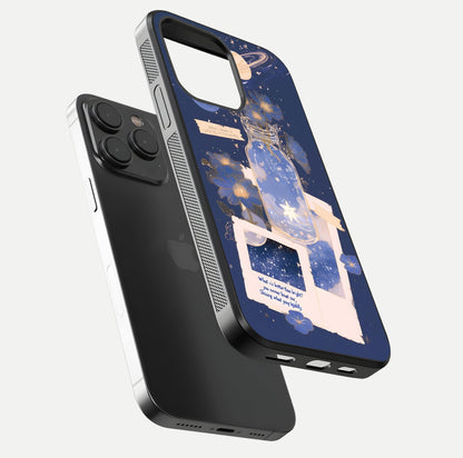 Starlit Cosmic Jar Glass Case for iPhone 15 Pro floating dual-view mockup displaying gloss and starry depth