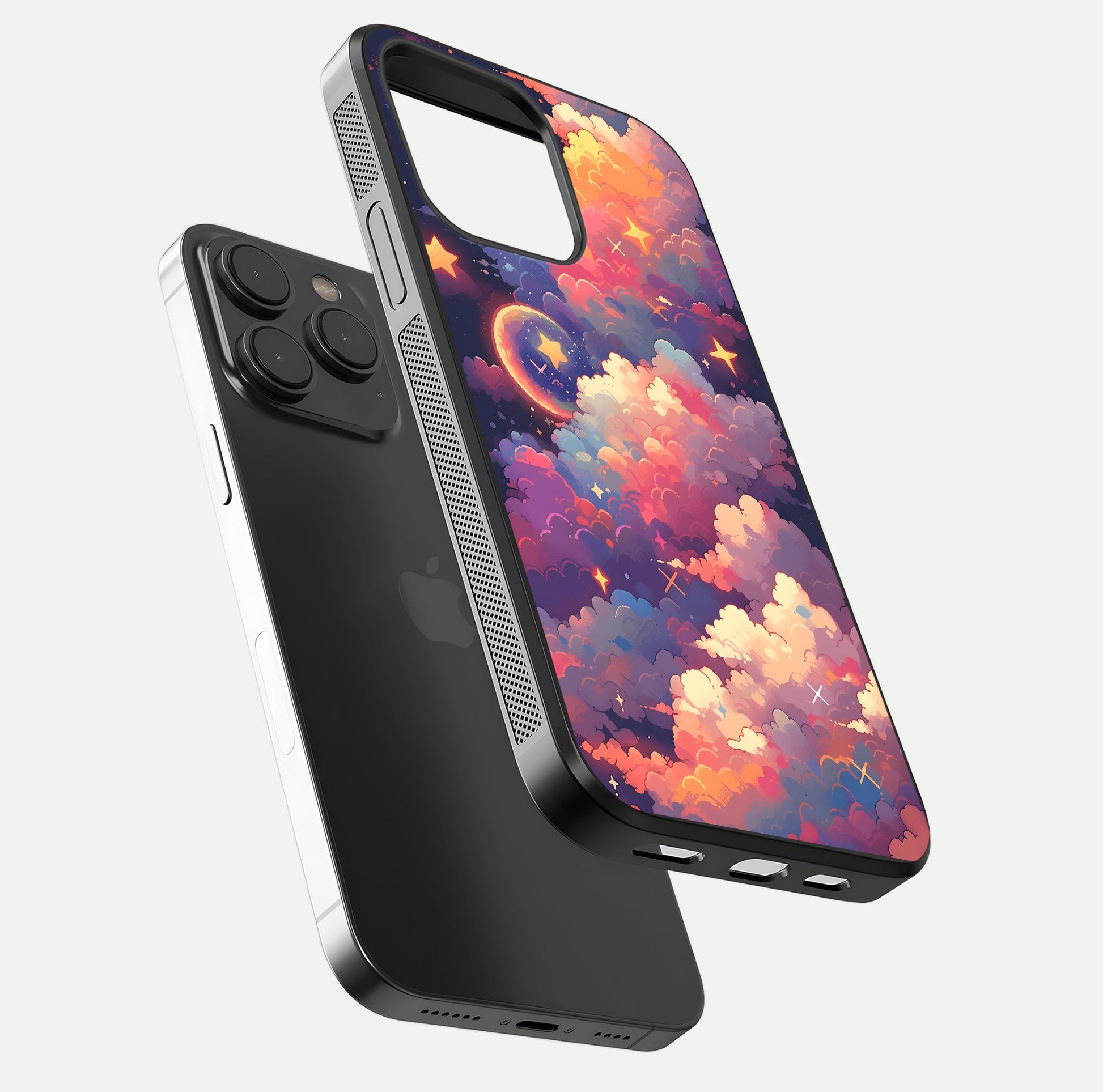 Starlit Dream Clouds Glass Case for iPhone 15 Pro floating dual-view mockup displaying gloss and soft light detail